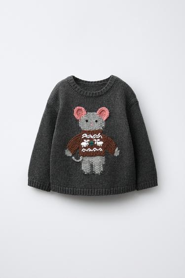 Zara 1-6 лет/ вязаный свитер с вышитой мышкой и шерстью