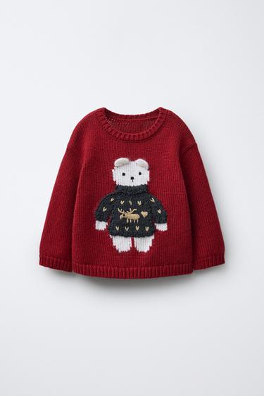 Zara 1-6 лет/ вязаный свитер из шерсти с вышивкой в виде медвежонка