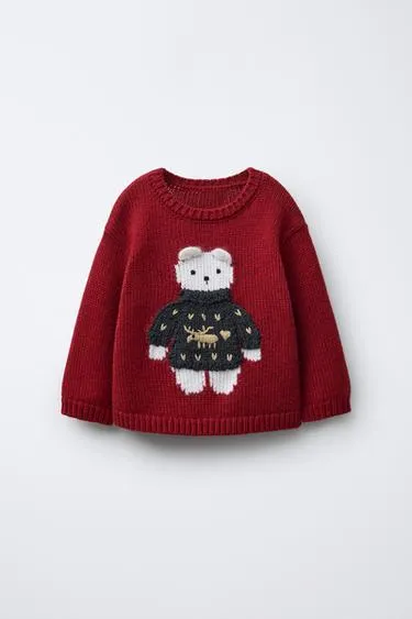 1-6 лет/ вязаный свитер из шерсти с вышивкой в виде медвежонка