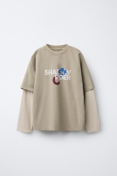 Zara Футболка с принтом «RIDER» и двойными рукавами