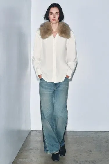 Рубашка из поплина с воротником с искусственным мехом — ZW COLLECTION- Заказать в России