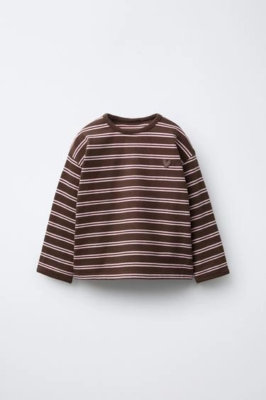 WOVEN STRIPED T-SHIRT WITH EMBROIDERED HEART