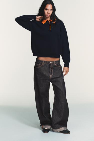 Zara Вязаный джемпер поло с контрастным воротником