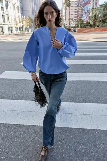 Рубашка из поплина с объемными рукавами- Заказать в России