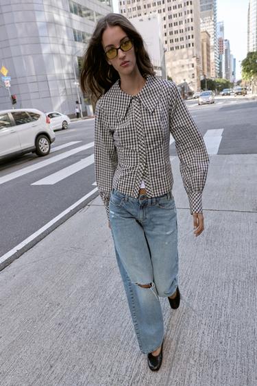 Zara Рубашка в клетку с круглым воротником