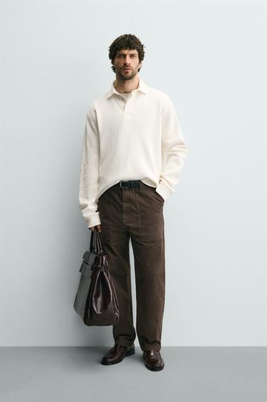 Zara Поло из хлопка с рельефным узором и контрастным воротником