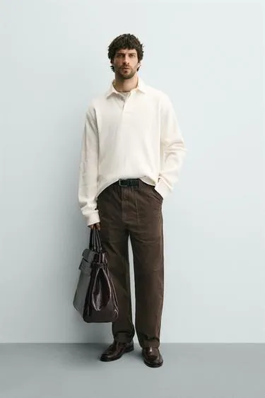 Поло из хлопка с рельефным узором и контрастным воротником