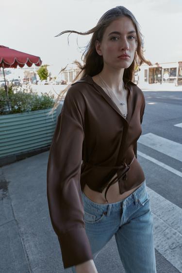 Zara Атласная блузка с поясом купить с доставкой.