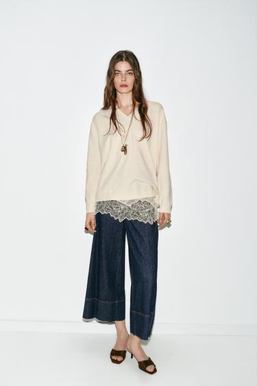 Zara Длинный свитер с комбинированным кружевом купить с доставкой.
