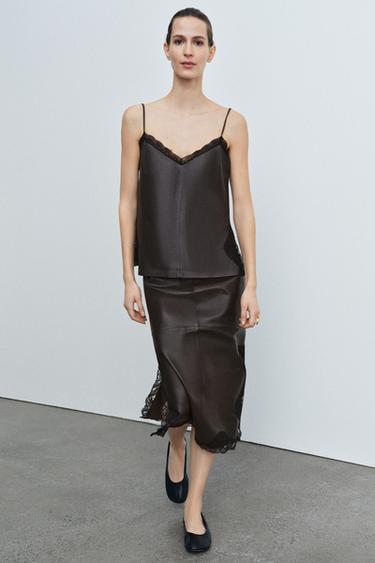 Zara Юбка из 100% кожи с кружевом — ZW COLLECTION LIMITED EDITION купить с доставкой.