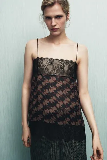 Топ с принтом из 100% вискозы с кружевом- Заказать в России