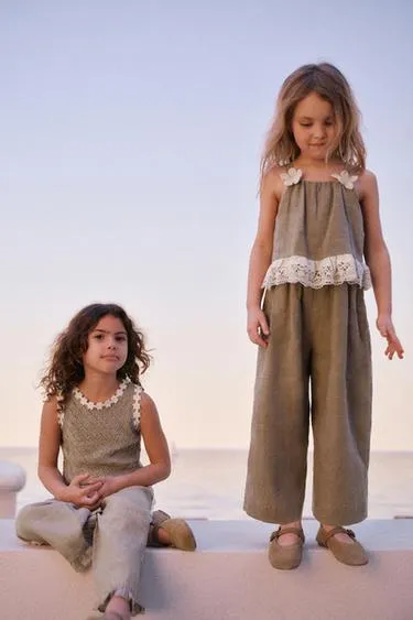 Льняной комбинезон с цветочным кружевом- Заказать в России