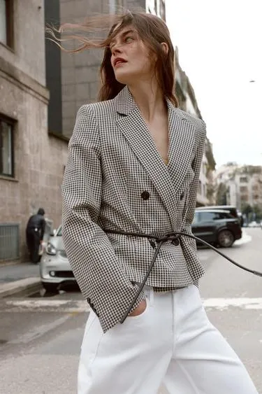 Блейзер в клетку виши с поясом- Заказать в России