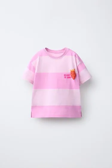 Футболка в полоску с рельефным принтом фруктов