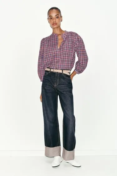 Блуза в клетку с круглым вырезом- Заказать в России