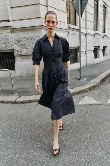 Платье миди из поплина с объемными рукавами