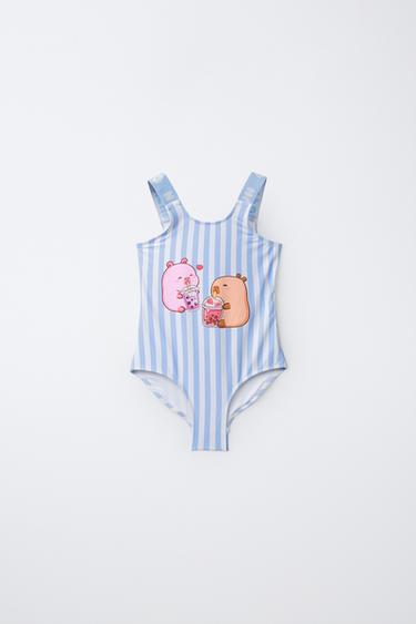 Zara 6-14 лет/купальник в полоску с капибарой CAPYFUN ©