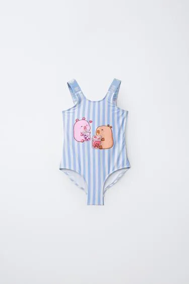 6-14 лет/купальник в полоску с капибарой Capyfun ©
