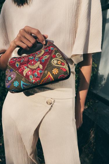 Zara Сумка-коробочка с деревянными деталями и вышивкой