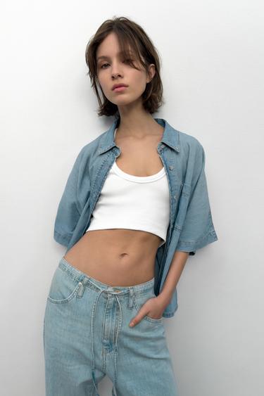 Zara Джинсовая рубашка TRF с коротким рукавом купить с доставкой.