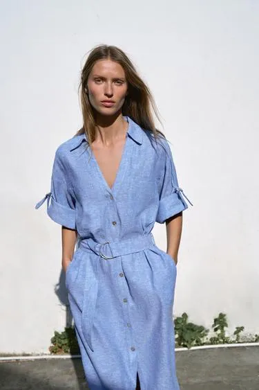 Платье миди из льна с ремнем- Заказать в России