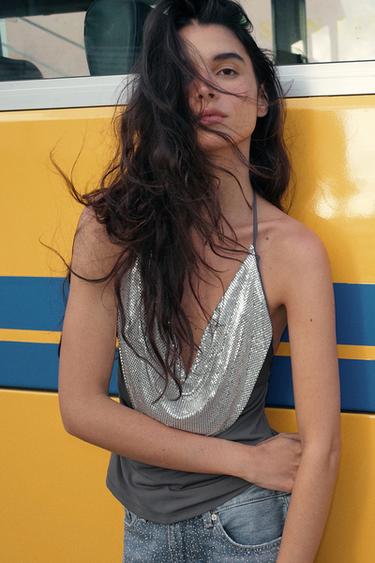 Zara Топ халтер со сборками и сеткой купить с доставкой.