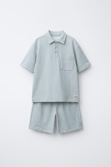 Zara Комплект из рубашки-поло и шорт-бермуд из грубой ткани с нашивкой