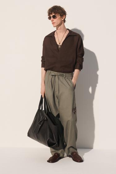 Zara Брюки из льняно-хлопковой смеси с контрастной вышивкой купить с доставкой.