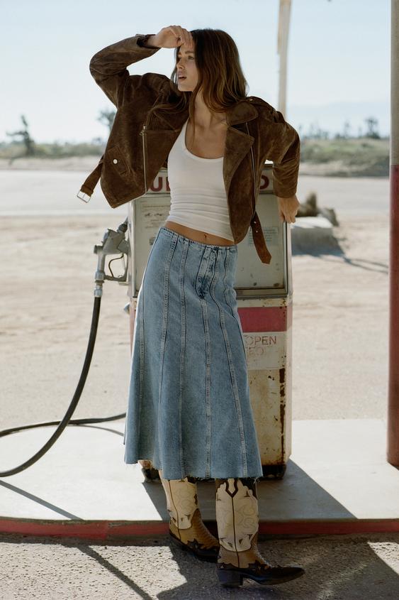 Zara Джинсовая юбка миди Z1975 с отстрочкой