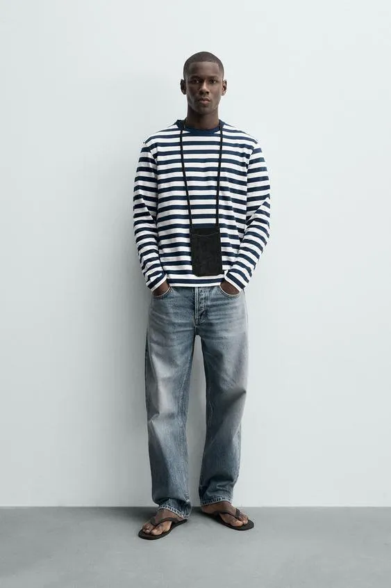 Футболка в полоску из хлопка и льна с длинными рукавами- Заказать в России