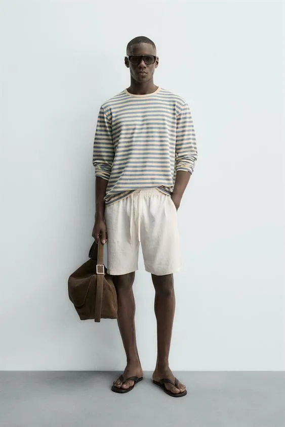 Футболка в полоску из хлопка и льна с длинными рукавами- Заказать в России