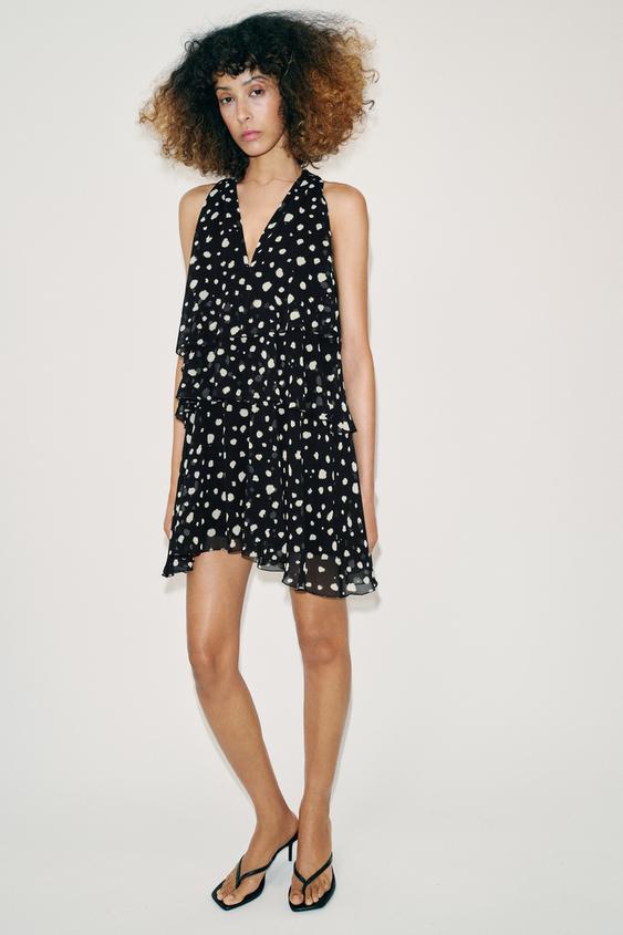 Zara Мини-платье в горошек с воланами