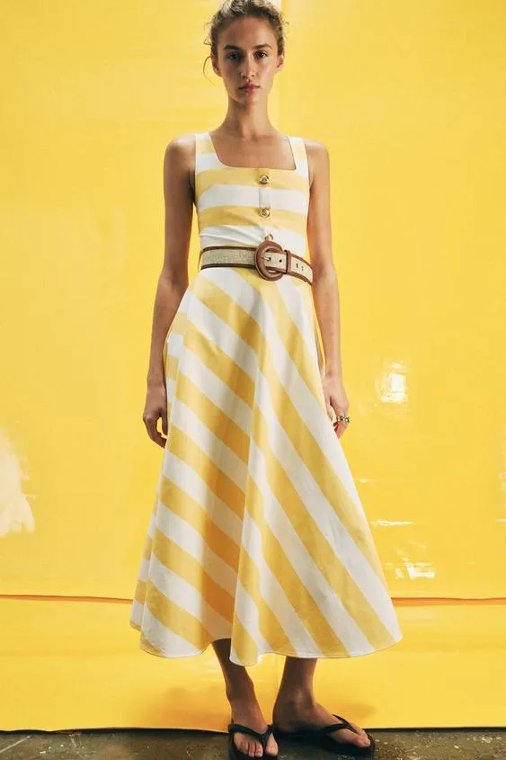 Платье миди в полоску с ремнем- Заказать в России