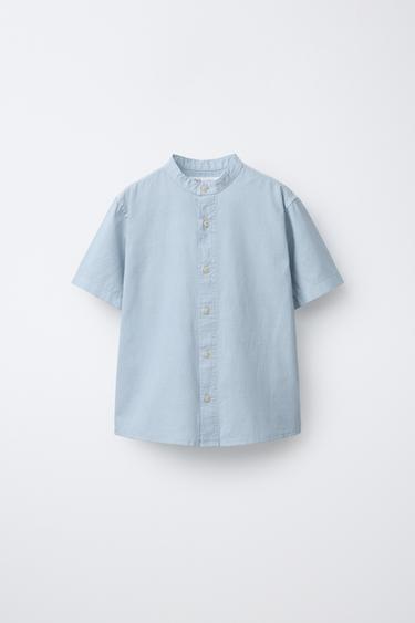 Zara Рубашка с воротником-стойкой из хлопка и льна