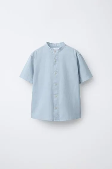 Рубашка с воротником-стойкой из хлопка и льна- Заказать в России