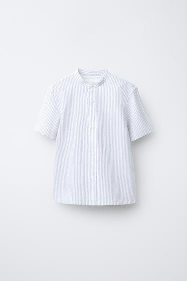 Zara Рубашка с воротником-стойкой из хлопка и льна в полоску