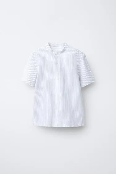 Рубашка с воротником-стойкой из хлопка и льна в полоску- Заказать в России