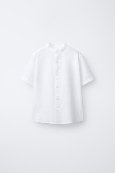 Zara Рубашка с воротником-стойкой из хлопка и льна