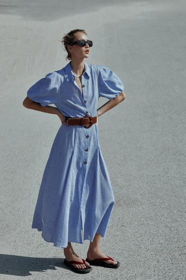 Zara Платье миди из льна с поясом