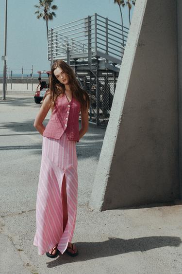 Zara Полосатая юбка миди из льна купить с доставкой.