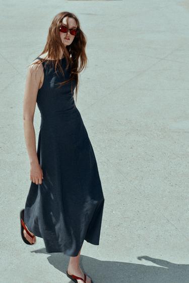 Zara Платье миди изо льна с открытой спиной