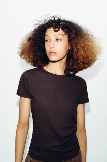 Zara Футболка из хлопка и льна с короткими рукавами