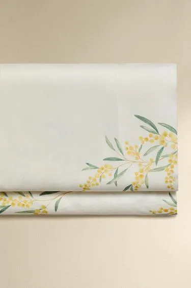 Простыня из хлопка с атласным переплетением и цветочным принтом мимозы