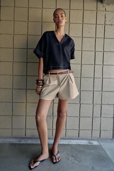 Zara Рубашка из смесового льна с контрастными швами купить с доставкой.