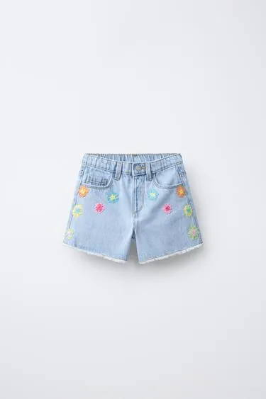 Джинсовые шорты Mom Fit с цветочным кружевом кроше- Заказать в России