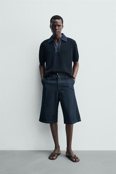 Zara Трикотажное поло с денимовым воротником