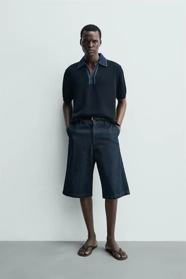 Трикотажное поло с денимовым воротником