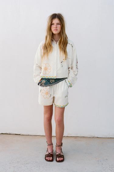 Zara Рубашка из хлопка и льна с вышивкой