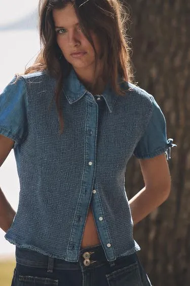 Джинсовая рубашка в рубчик- Заказать в России