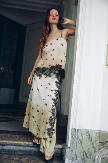 Zara Топ в бельевом стиле с принтом и кружевом